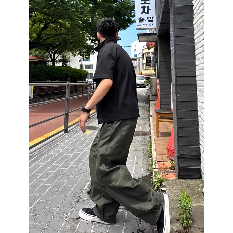 Korean Uamtor Vintage Army Green Work Pants for Men, Spring Washed Pure Cotton Wide-Leg Straight Casual Pants