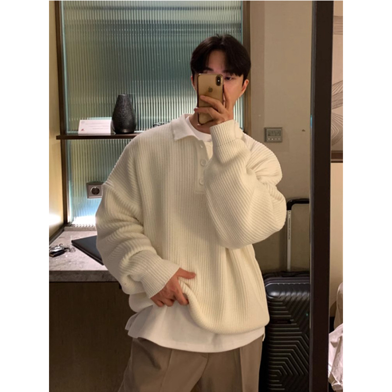 Korean Uamtor Heavyweight Polo Collar Knit Sweater for Men, Spring and Autumn Vintage Solid Color Turn-Down Collar Sweater, Casual Versatile Knitwear
