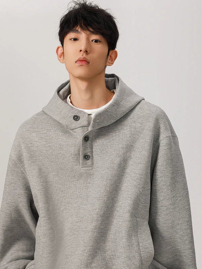 韩国Uamtor连帽卫衣男士秋冬美式潮牌高领纽扣设计感情侣休闲外套