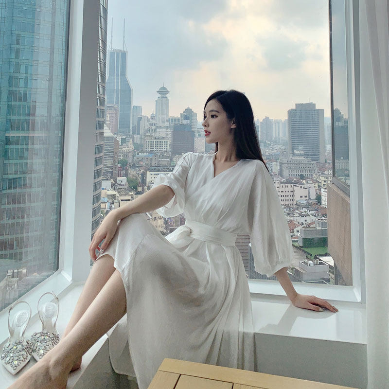 Nicky Paris scent white French satin long sleeve dress women's waist slim irregular temperament dress