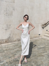 nicky white French satin dress high-end western style long skirt slim waist bottoming skirt design sense age reduction