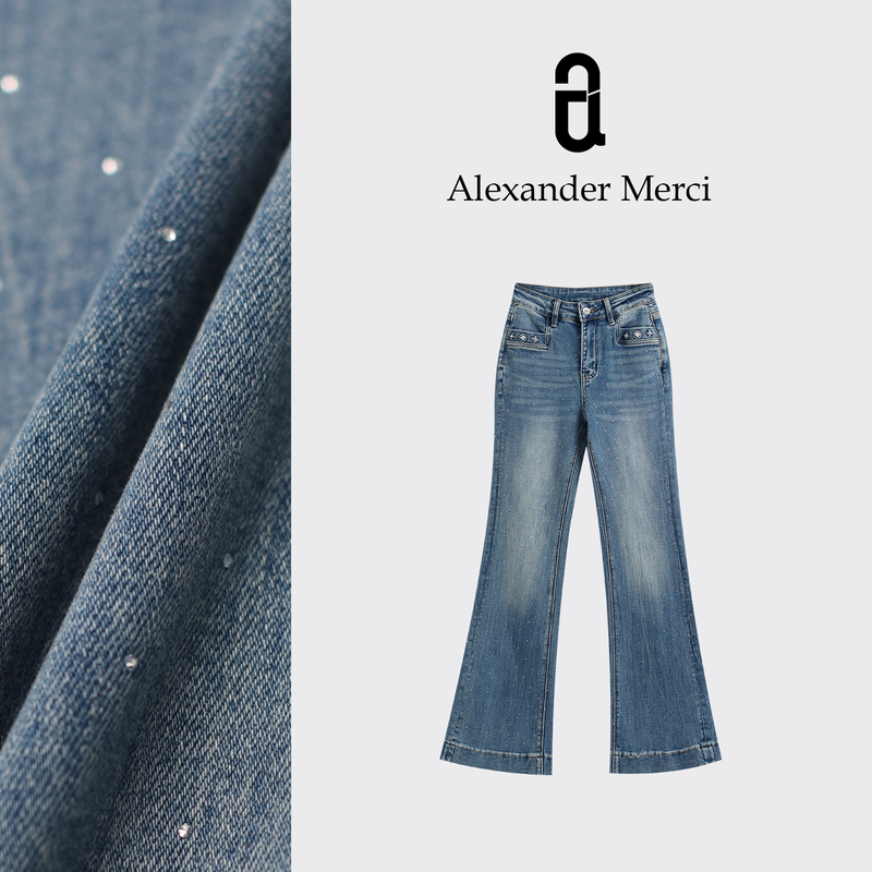 【Starburst Pants】Reshape Proportions, High-Waisted, Slimming, Heavy-Duty Full Rhinestone Denim Flared Pants D26T31601