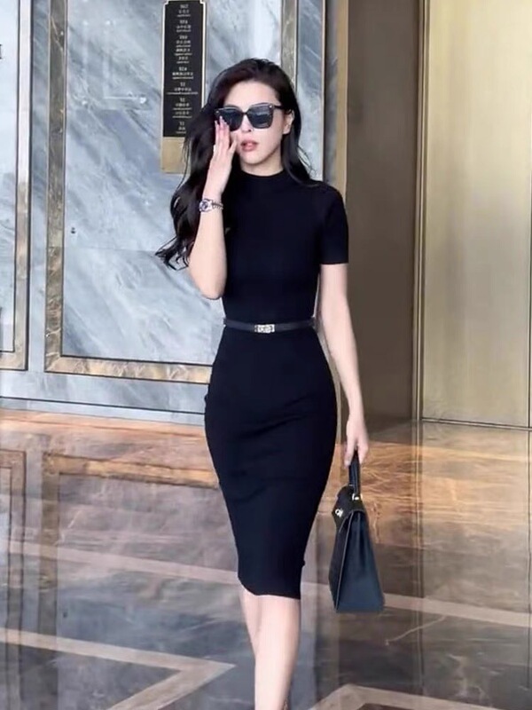 Over-The-Knee Dress, New Spring and Summer Style, Versatile, Small Stand-Up Collar, Short-Sleeved T-Shirt Dress, Slim-Fitting, Hip-Hugging, Long Skirt