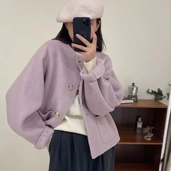 
2024 autumn and winter Korean version purple tweed coat for women short small fragrance style loose round neck small wool coat