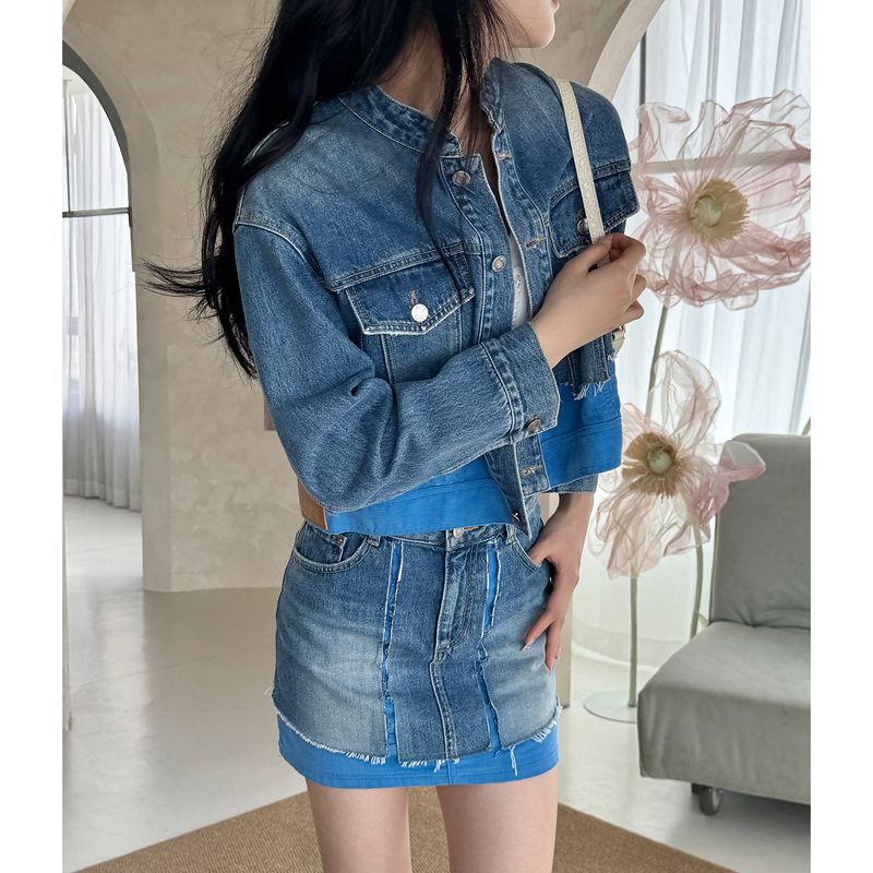 [Clearance Sale] Sjyp Patchwork Denim Jacket Top with Patchwork Denim Skirt, Casual Versatile Vintage Short Coat