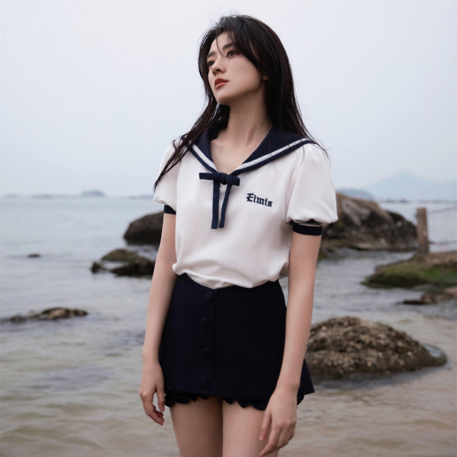 EIMISMOSOL2023 summer new college navy collar POLO short-sleeved T-shirt fake two-piece shorts