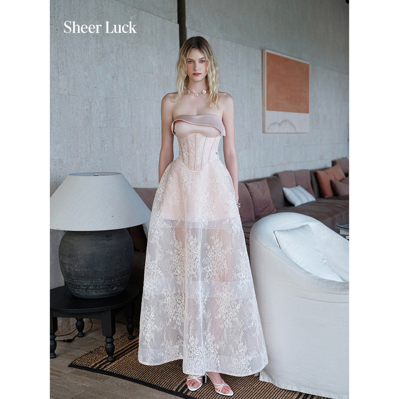 Sheer Luck Serenata French-Style Lapel Strapless Mini Dress + Elegant Mesh Long Skirt Sheer Luck Serenata French-Style Lapel Strapless Mini Dress + Elegant Mesh Long Skirt