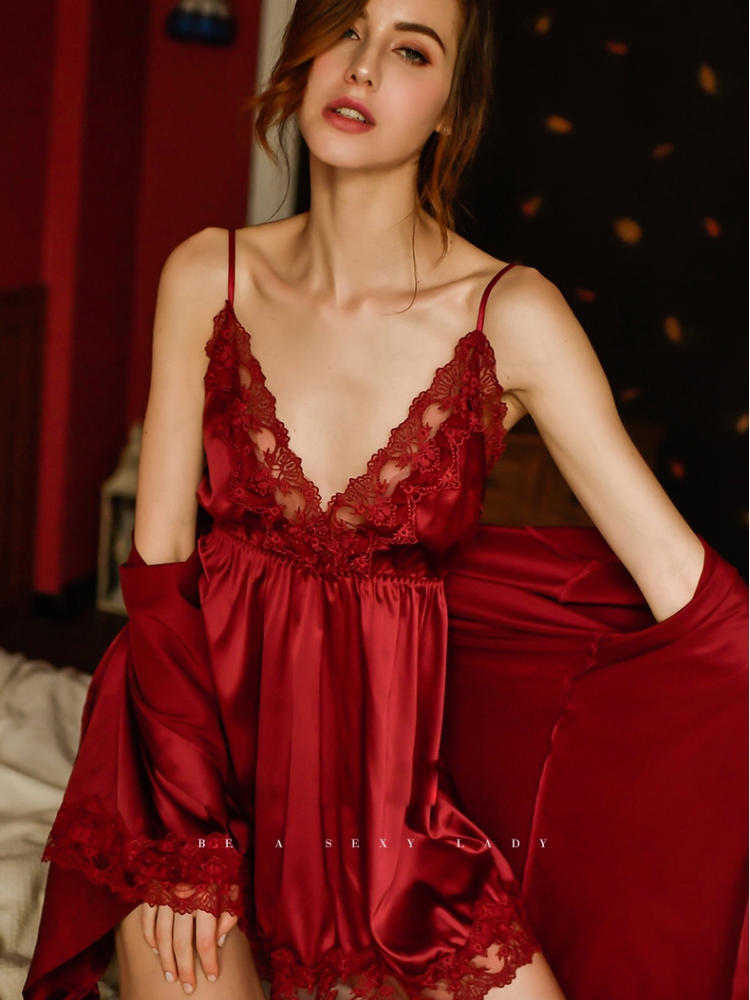 Sexy Harness Pyjamas Woman Summer Ice Silk Thin Bride Red New Sleeping Dress Casual Home Clothing Two Sets
