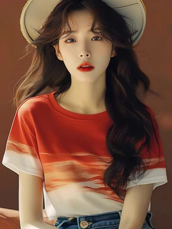 Summer New Dopamine Red Gradient Short-Sleeve T-Shirt for Women, Unique and Stylish, Beautiful and Relaxed Top