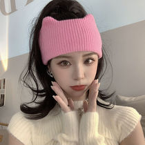 Cute autumn and winter cat ears knitted hairband internet celebrity wide-brimmed sports headgear womens highly elastic face wash headband ins