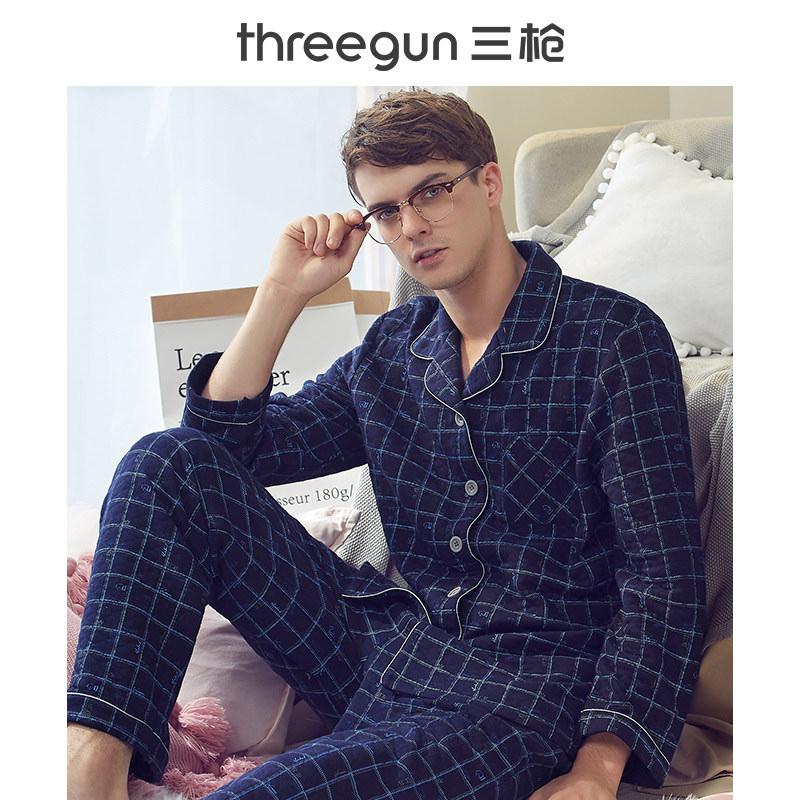 Three-gun clearance cotton pajamas men plus cotton autumn and winter plaid open placket thickened cotton warm home wear suit