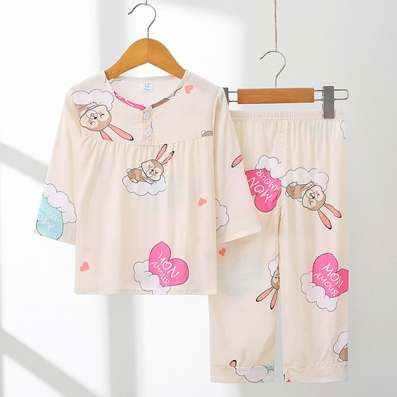 Children's cotton silk pajamas summer thin section long-sleeved cotton silk little girl baby air-conditioning home service girls pajamas set