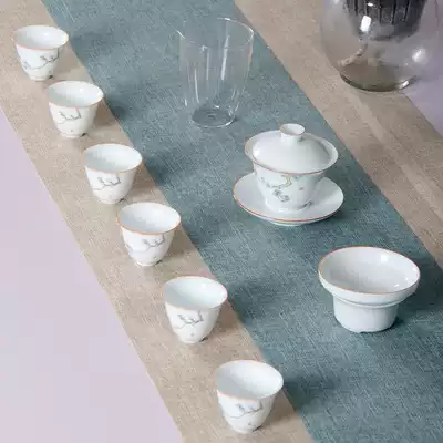 Sweet white porcelain green pine ink Bamboo brewing cover bowl Tea set set of high-grade gift box White porcelain ceramic modern Kung Fu Tea bowl