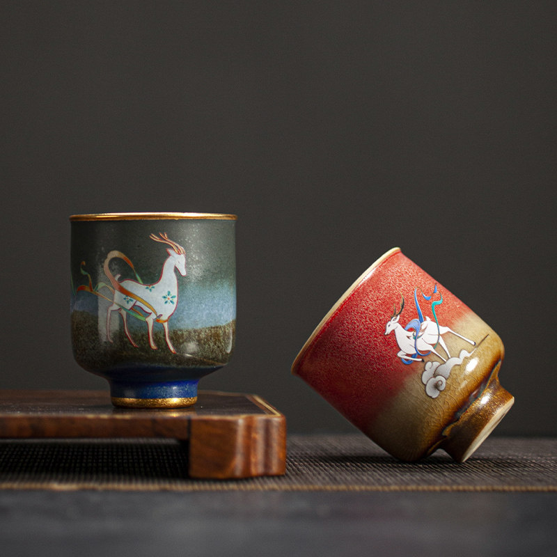 Coarse Pottery Tea Cup Kiln Change Stone Red Glaze Nine Color Deer Pair Cup Ceramic Tea Tea House owner Individual Cup Tea drinking Cup Single Cup