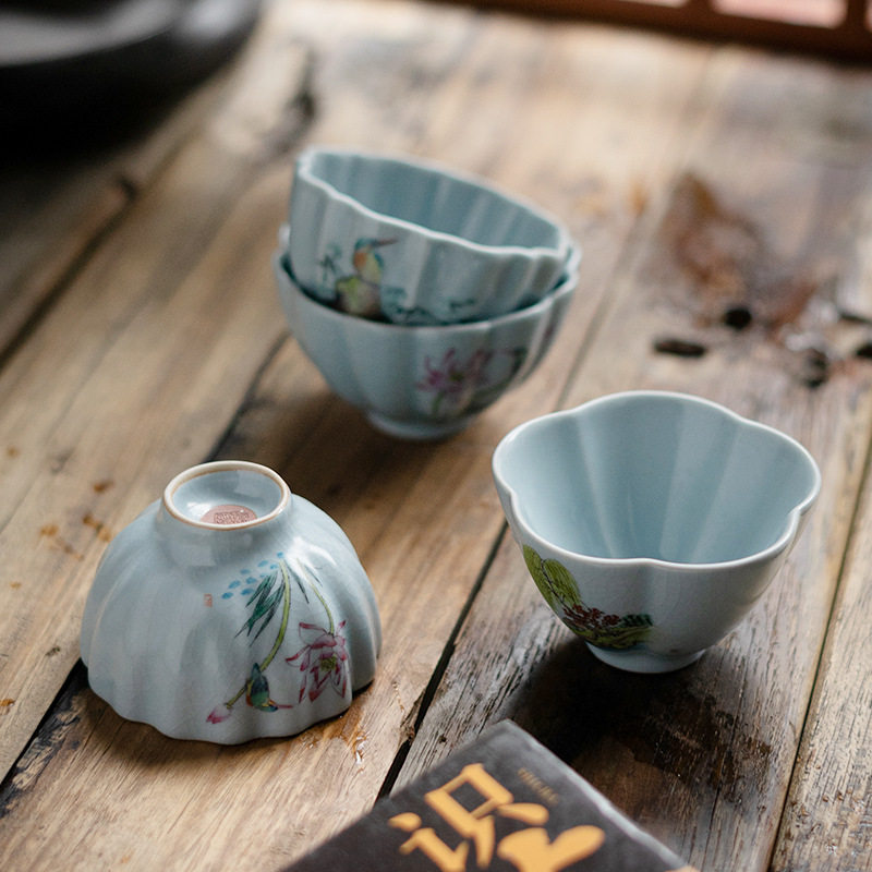 Ru kiln sky blue hand-painted landscape master cup tea cup porcelain dehua Chinese retro opening single kung fu small tea bowl