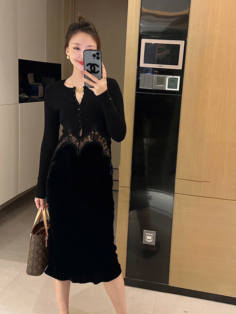 The French style Unique Superior Sense Temperament name Yuanyuan Luxurious Black Herben Wind Long Sleeve Velvet Dress Woman Fall-Taobao