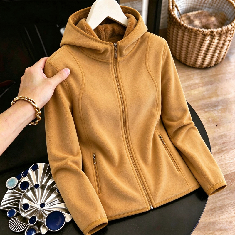 Fleece Hooded Cardigan Sweatshirt Short Jacket for Women 2026, Fleece-Lined, Thickened, Warm, Autumn and Winter, Fleece Top