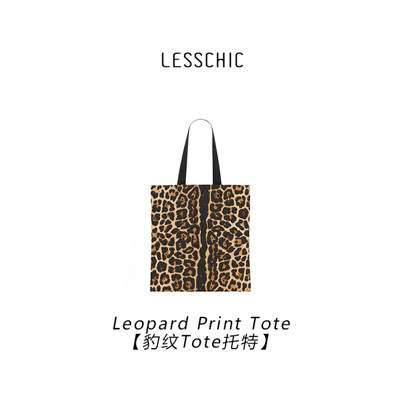 Lesschic【Y-Leopard Print Tote】Leopard Print Canvas Printed Tote Shopping Bag