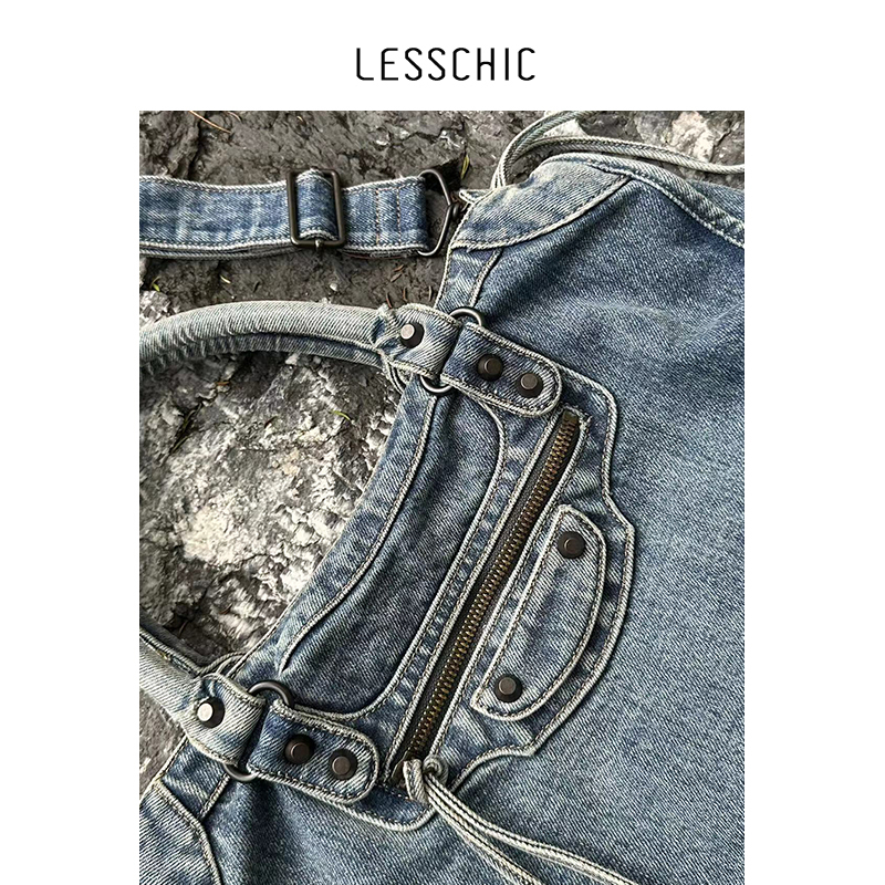 Lesschic【B-Lecity Denim Motorcycle】Imported Original Washed Denim Single Shoulder Crossbody Bag