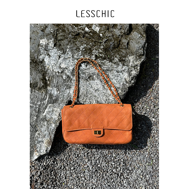 Lesschic【Diamond Chain Orange Milk】Imported Saddle Cowhide with Sheepskin Lining Versatile Shoulder Bag