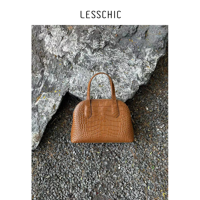 Lesschic 【Crocodile Pattern Shell】Original Imported Cowhide with Crocodile Pattern Lining, Sheepskin Handbag