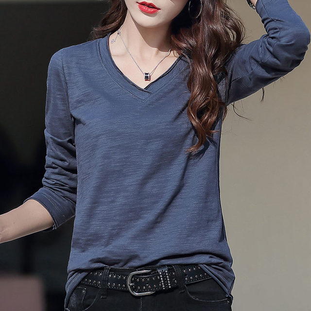 Cotton long-sleeved T-shirt women's loose spring 2024 new bamboo cotton bottoming shirt spring and autumn v-neck women's inner top