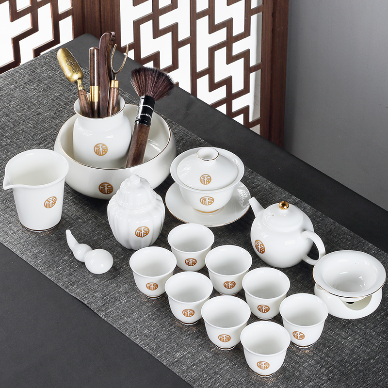 Sheep fat jade white porcelain tea set set household kung fu teapot teacup tea maker office reception high-end gift box
