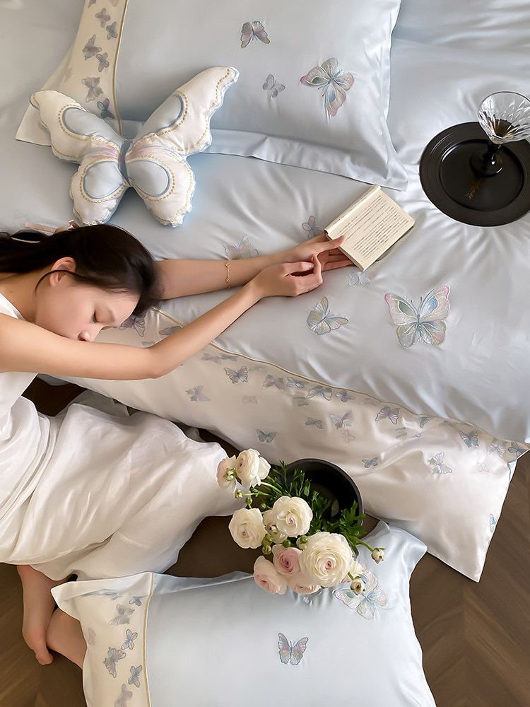 Вышивка Хунань 少女心夏季60支兰精天丝四件套蝴蝶刺绣被套床单丝滑凉感床上用品 No brand