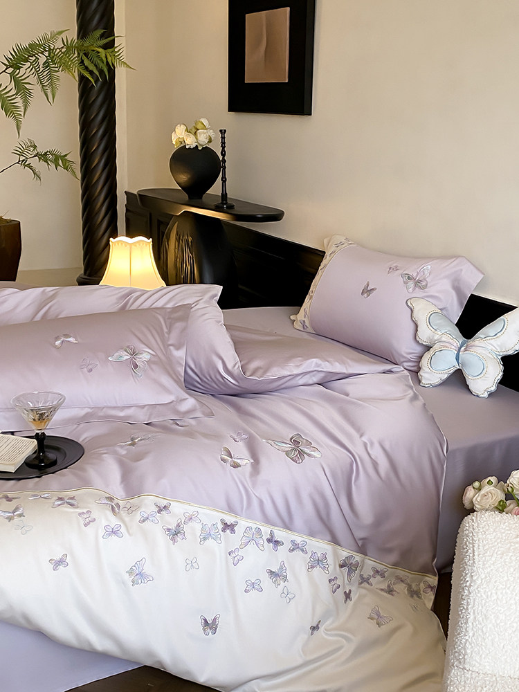 Вышивка Хунань 少女心夏季60支兰精天丝四件套蝴蝶刺绣被套床单丝滑凉感床上用品 No brand