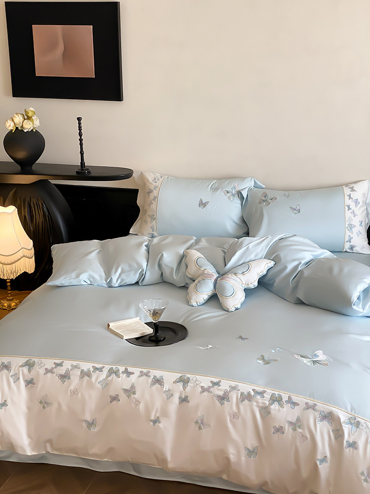 Вышивка Хунань 少女心夏季60支兰精天丝四件套蝴蝶刺绣被套床单丝滑凉感床上用品 No brand