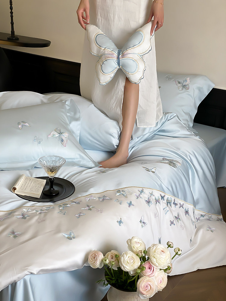 Вышивка Хунань 少女心夏季60支兰精天丝四件套蝴蝶刺绣被套床单丝滑凉感床上用品 No brand