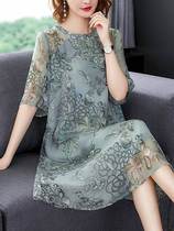 Rhyme selection of new ladies Noble foreign style thin belly cover all long dress Middle sleeve round neck print