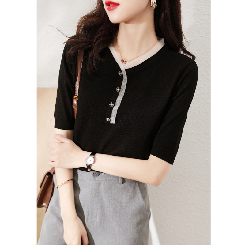 Ice silk short sleeve t-shirt female summer 2022 new loose temperament V-led mesh yarn splicing thin-style knitted sweatshirt blouse