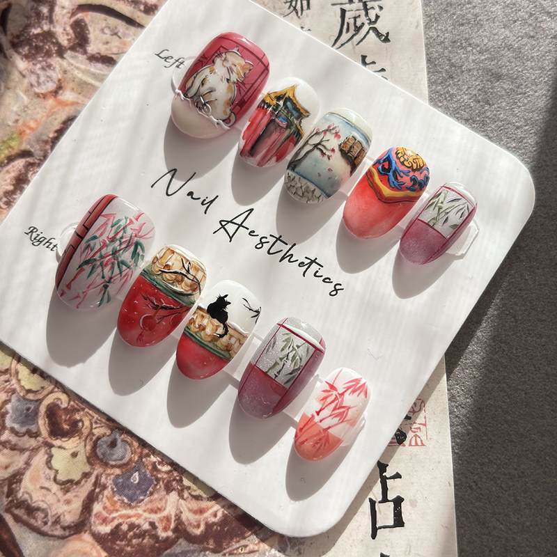 New Year's Manicure Cat Palace Wall in the Forbidden City Watercolor National Style Wearable Nails Reusable Fake Nails Available for Pregnant Women New Year's Manicure Cat Palace Wall in the Forbidden City Watercolor National Style Wearable Nails Reusable Fake Nails Available for Pregnant Women