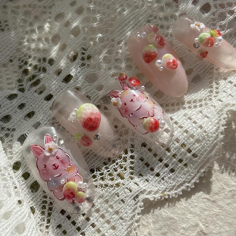 Watercolor Marshmallow Rabbit Wearable Nails Cute Cartoon Nail Art Patch Removable Fake Nails Available for Pregnant Students