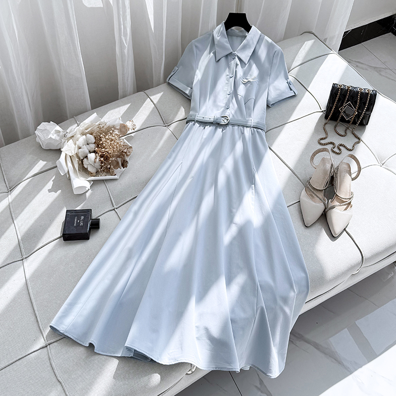 2026 New Plus-Size Women's French-Style Collared Shirt Dress, Summer Drawstring Waist Slimming Elegant Long Dress for Chubby Women