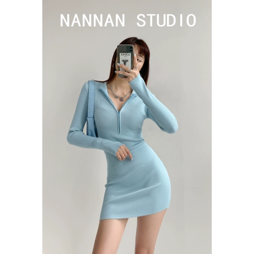 Сексуальная осенняя юбка с молнией, лонгслив, высокий воротник, с акцентом на бедрах, в обтяжку