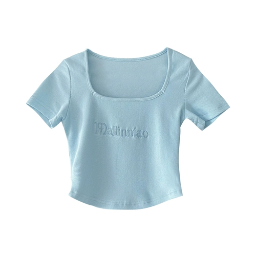 Базовая приятная телу футболка с коротким рукавом, в американском стиле, с вышивкой, облегающий крой, квадратный вырез, высокая талия