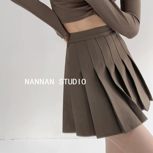 Кофейная осенняя юбка в складку, сексуальная мини-юбка, в американском стиле, высокая талия