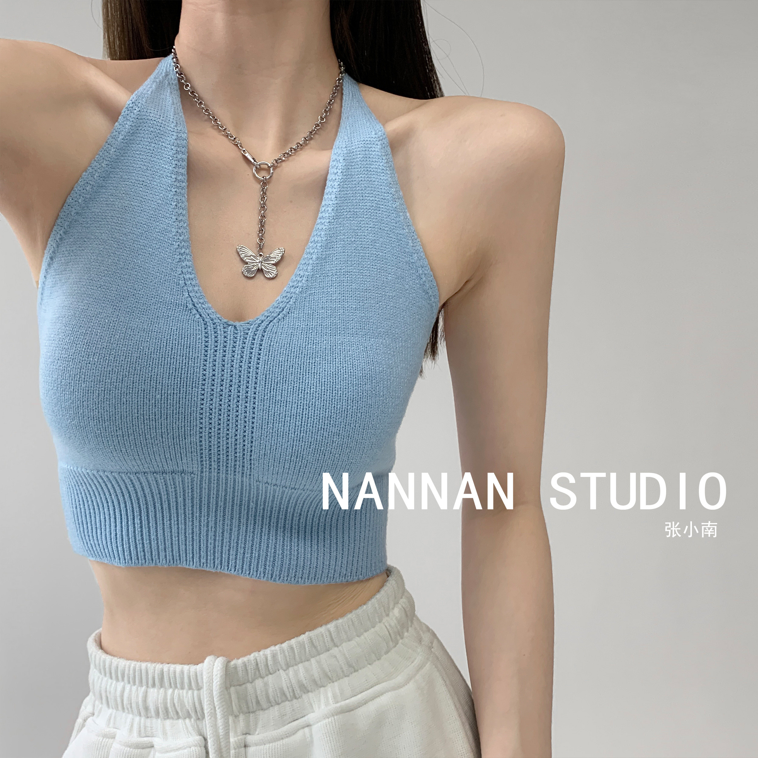 Port Wind Net Red Sexy Sleeveless Hanging Neck Vest Summer Inner Hitch Knit Beauty Back Harness Short hot girl Little crowdblouse