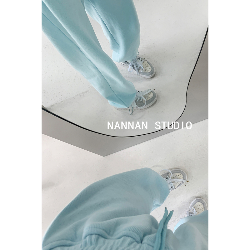 Spring and Autumn Baby Blue Sweatpants for Women, High-Waisted, Loose, Drawstring, Cuffed, Casual, Slimming, Drapey, Straight-Leg Joggers, Trendy