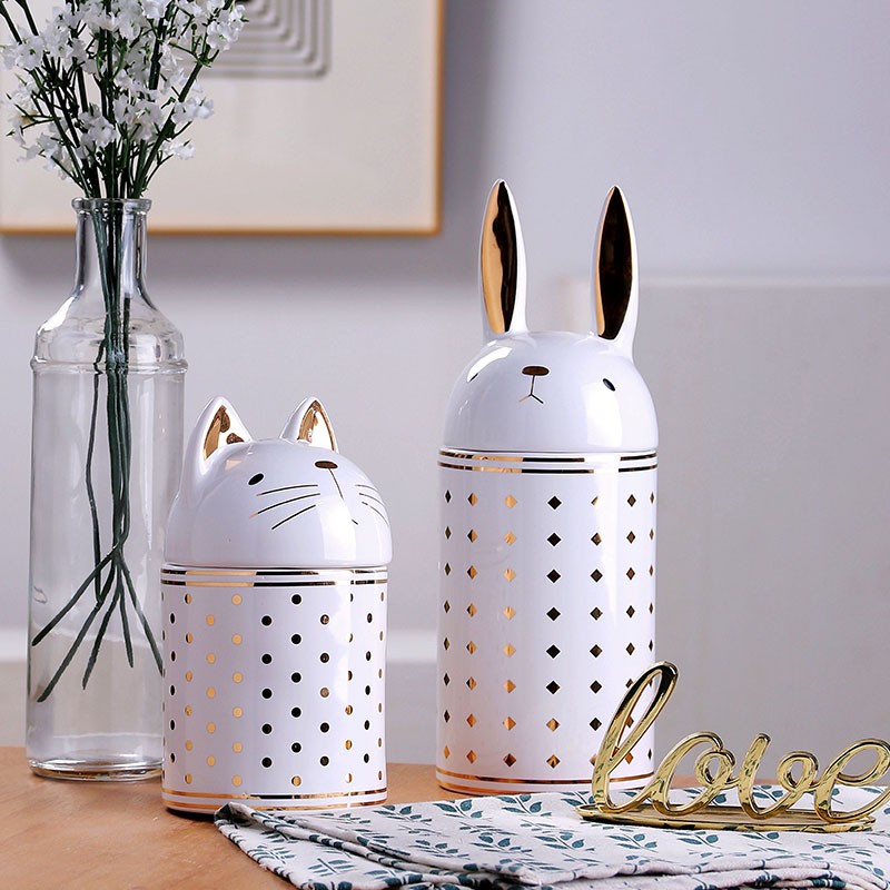 Ceramic Grilled Gold Animal Kitten Rabbit Candy Jar Storage Jar Tea Leaf Jars Jar Home Kitchen Contain Bottle