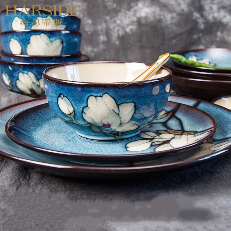 HARSIDE ceramic tableware Korean plate plate soup plate rice bowl household single large soup bowl with instant noodle bowl Xinlan