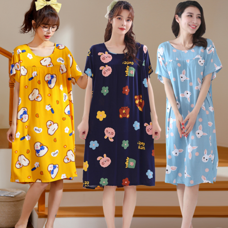 Korean Style Extra-Long Cotton Silk Nightgown for Women, Short-Sleeved Plus Size Pajamas, Summer Rayon Loose and Comfortable Home Wear