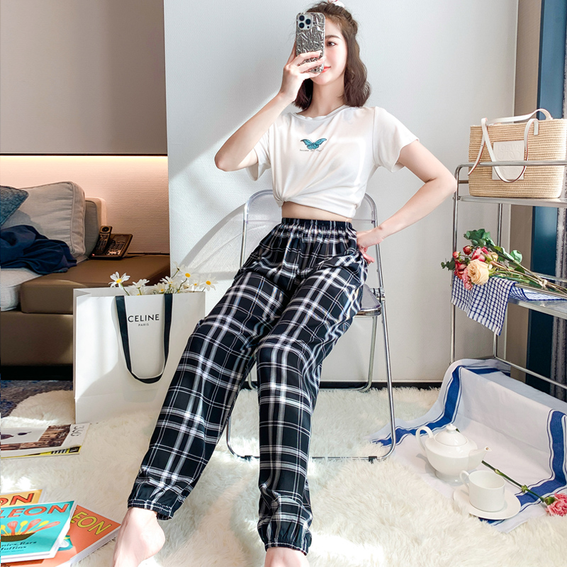 Large size cotton silk pajamas artificial cotton women summer thin plaid bloomers can be worn outside mosquito pants loose air conditioning trousers