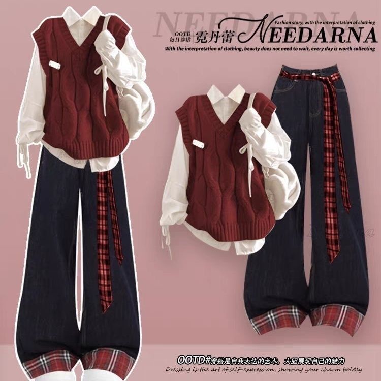 Spring New Year's Spring Festival Dopamine Red Sweater Stylish Three-Piece Set for Girls in Middle School Spring New Year's Spring Festival Dopamine Red Sweater Stylish Three-Piece Set for Girls in Middle School