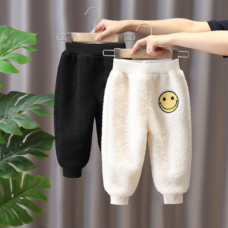 Boy gush pants one year old male baby thickened with lamb fur external wearing rocking grain suede baby autumn winter clothing children cotton pants