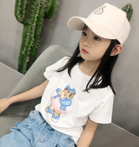2021 new girls t-shirt bear children's clothing baby short sleeve summer cotton crew neck foreign style children's cute jacket