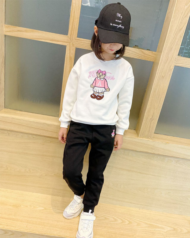 Autumn and winter girls thick T-shirt plus velvet suit up and down two-piece round collar without hat long sleeve baby shirt children's trousers Cotton