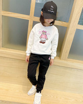 Fall winter girls' sweater and velvet suit upper and lower two-piece crew neck hat-free long sleeve baby jacket children's pants cotton